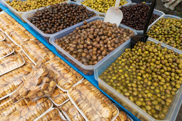 Olives and mushrooms for sale. Turkey, Nazilli.