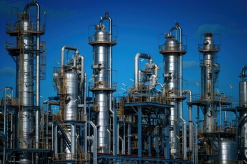 Industrial pipe and valve network against blue sky and clouds infrastructure and business theme