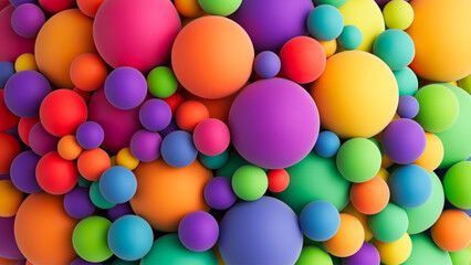 Colorful balls background. Big and small matte soft random spheres. Many multicolored toy balls, balloons or bubbles of different sizes for kids zone or children's playroom. Vector illustration