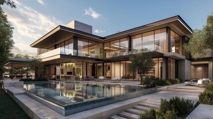 Fototapeta premium Modern house with pool in the yard, evening lighting.