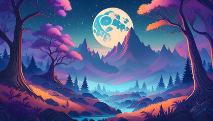 Fog over the mystical forest on a dark Night sky , less colorful, anime style on digital art concept.