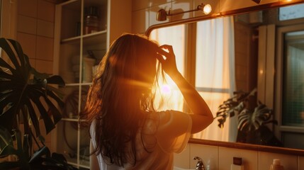 Woman looking into the mirror at sunrise, with warm sunlight streaming in, symbolizing reflection, new beginnings, self-care, and a peaceful moment of introspection