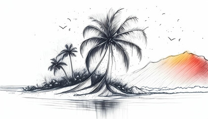 Minimalist sketch perspective a tropical island stretching, Drawing pen with oil pastels on digital art concept.