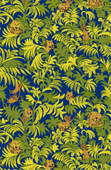 Playful jungle animals peek from lush tropical leaves in this pattern, perfect for kids fabrics or whimsical designs.