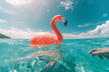 Fototapeta premium pink flamingo shaped pool float drifting in serene turquoise waters under bright summer sun. Tropical vacation and leisure concept