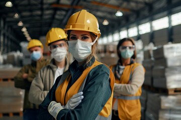 Group of intercultural warehouse workers in gloves, respirators and workwear 