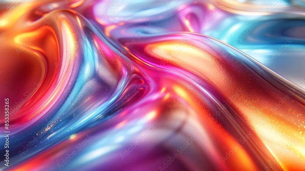 Poster mesmerizing metallic iridescent flow captivating prismatic light refractions in flowing curves