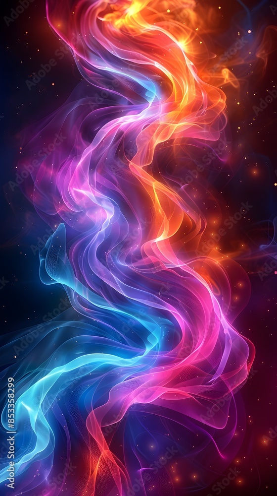 Poster pulsating neon infused chromatic synthesis of flowing abstract shapes and ethereal energy