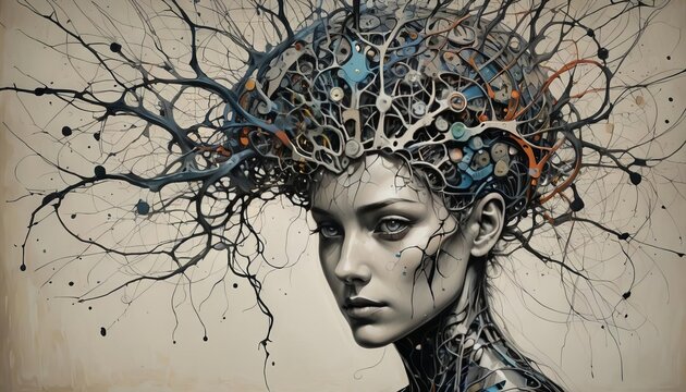 An artistic depiction of a burden of neuro-divergence such as Autism Spectrum Disorder and ADHD showing a persons head with nerves and circuits coming out from it. 