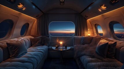 Fototapeta premium Inside a luxury jet plane with a comfortable seat. Premium travel concept