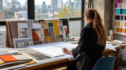 An interior designer is absorbed in evaluating various fabric samples spread across her studio table, with a backdrop of the cityscape outside. AIG41