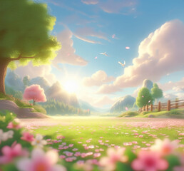 Animated nature podium center focused image of a bright spring day with nature podium green field flowers, trees, fences, mountains and dramatic clouds for product presentations.