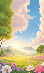 Long vertical animated nature podium image of bright spring day with nature podium green wildflowers, mountains, trees and dramatic clouds for product presentations.