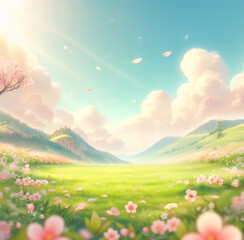 Animated nature podium center focused image of a bright spring day with green field flowers, mountains and clouds for product presentations.