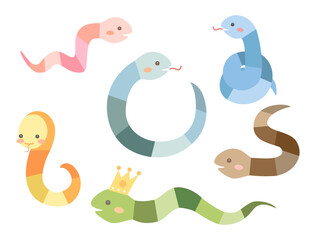 巳年の年賀状などにも使えるカラフルで可愛い蛇のキャラクターのイラストのセット
