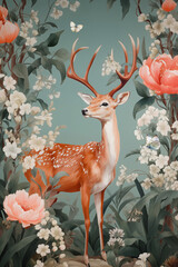 painting nature style of a deer among roses and palm leaves in forest