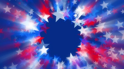 Blurred red, white, and blue stars spinning in a center circle on blue background for USA celebrations like 4th of July, Memorial Day, Veteran's Day, or other patriotic US American holidays.