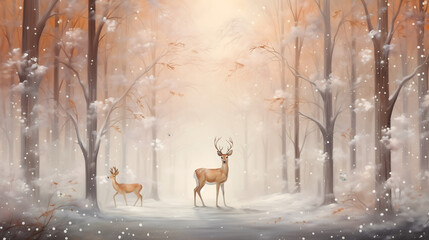 Forest painting of snow falling on trees with deer in a landscape