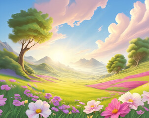 Animated nature podium image of a bright spring day with, green field flowers, trees, mountains and dramatic clouds for product presentations.