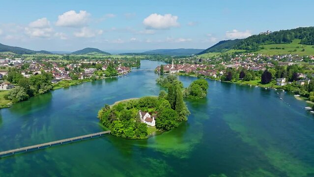 Aerial view of the Werd archipelago in the westernmost part of Lake Constance, Lake Rhine, between Eschenz and Stein am Rhein, Canton Thurgau, Switzerland, Europe