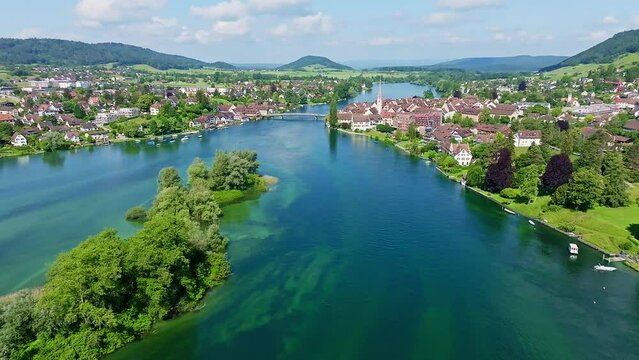 Aerial view of the Werd archipelago in the westernmost part of Lake Constance, Lake Rhine, between Eschenz and Stein am Rhein, Canton Thurgau, Switzerland, Europe