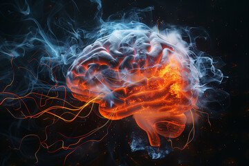 Fototapeta premium Human brain burning artwork: Visual and auditory hallucinations mental health concept