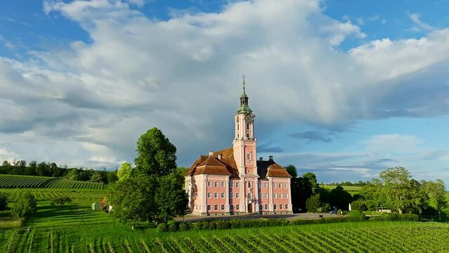 Aerial view of the Birnau pilgrimage church on Lake Constance, Uhldingen-Muehlhofen, Lake Constance district, Baden-Wuerttemberg, Germany, Europe