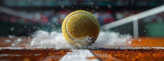 A Powerful Tennis Ball Bouncing on Court with Dust Plume and Gritty Sports Aesthetic