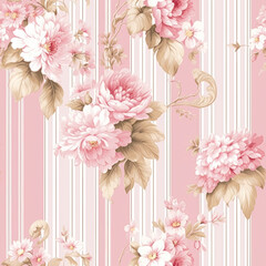 Seamless pattern, tileable striped pink floral country style print for wallpaper, wrapping paper with English countryside rose flowers for scrapbook, fabric and product design idea