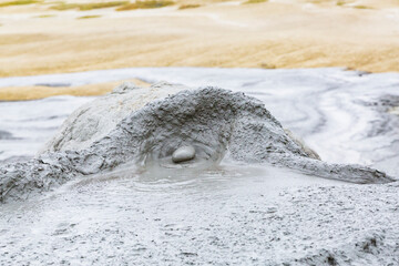 Romania, Buzău County, Berca. Geological ,botanical reservation Vulcanii Noroioși de la Paclele Mici. Small volcano-shaped structures caused by eruption of  natural gases.
