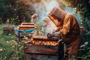 male beekeeper working in an apiary near beehives with bees. Beekeeping concept..no face close up.male beekeeper working in an apiary near beehives with bees. Beekeeping concept