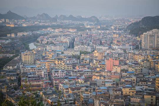Close up on the residential district in Guilin, China. Favella like buildings