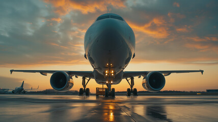 Photograph of Symmetric Airplane in Sunset Sky Background