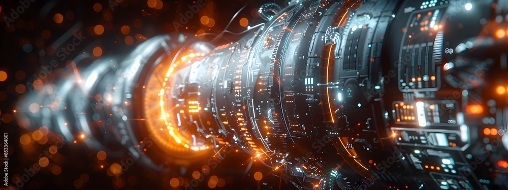 Poster hyper intelligent quantum computer core with pulsating energy rings and holographic readouts
