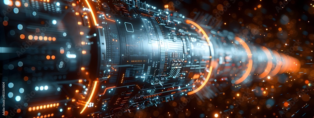 Poster hyper intelligent quantum computer core with pulsating energy rings and holographic readouts