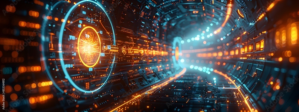 Poster hyper intelligent quantum computer core with pulsating energy rings and holographic readouts
