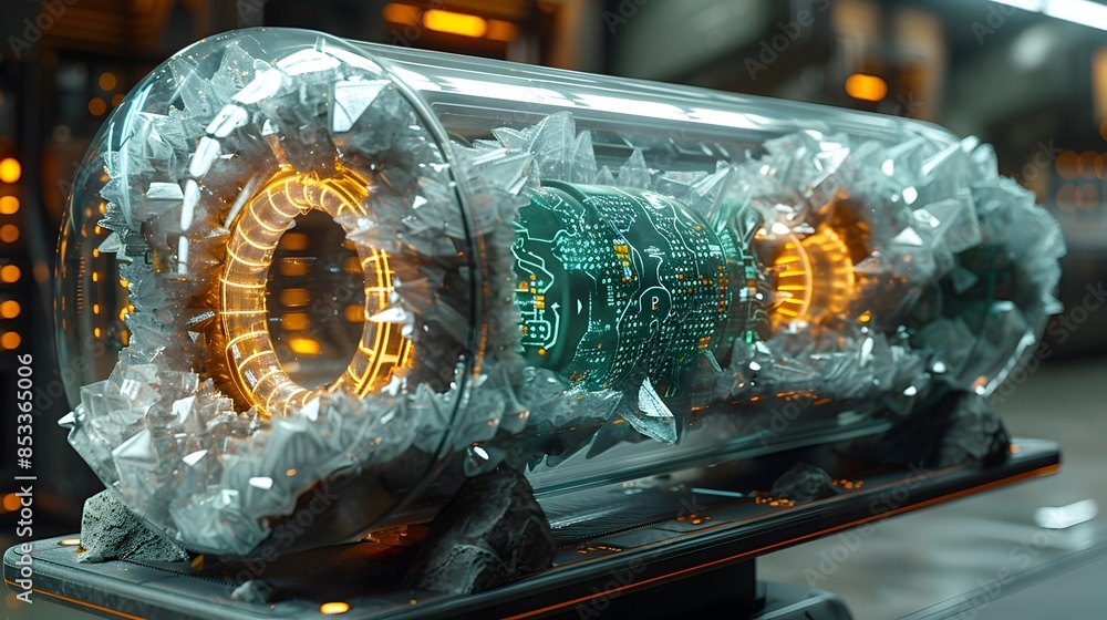 Poster futuristic neural network processing hub with crystalline shell and holographic readouts