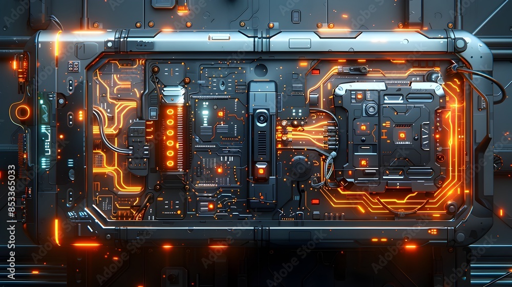 Poster sleek metallic supercomputer with glowing circuits and levitating control panel cinematic cli fi
