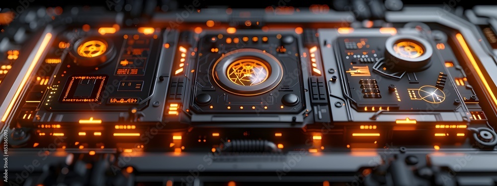 Aufkleber sleek metallic quantum computer core with glowing levitating console cinematic retrofuturistic