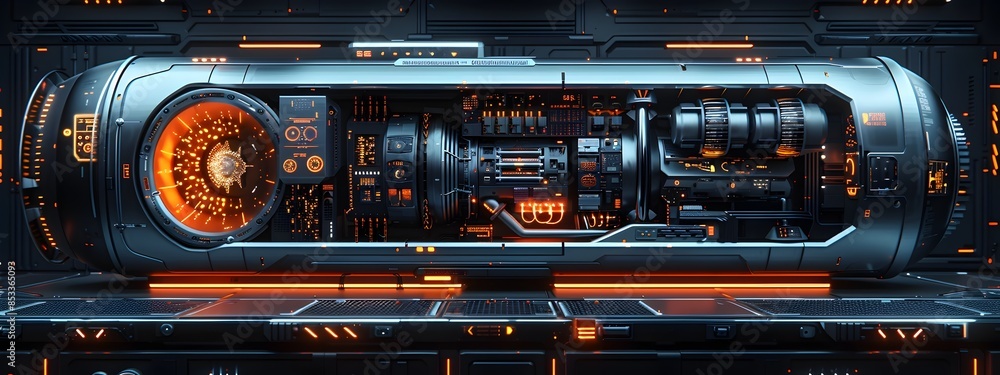 Poster autonomous quantum computer core with sleek metallic chassis and levitating data console