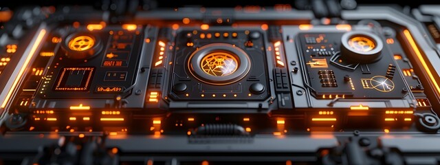 Fototapeta premium Sleek Metallic Quantum Computer Core with Glowing Levitating Console Cinematic Retrofuturistic