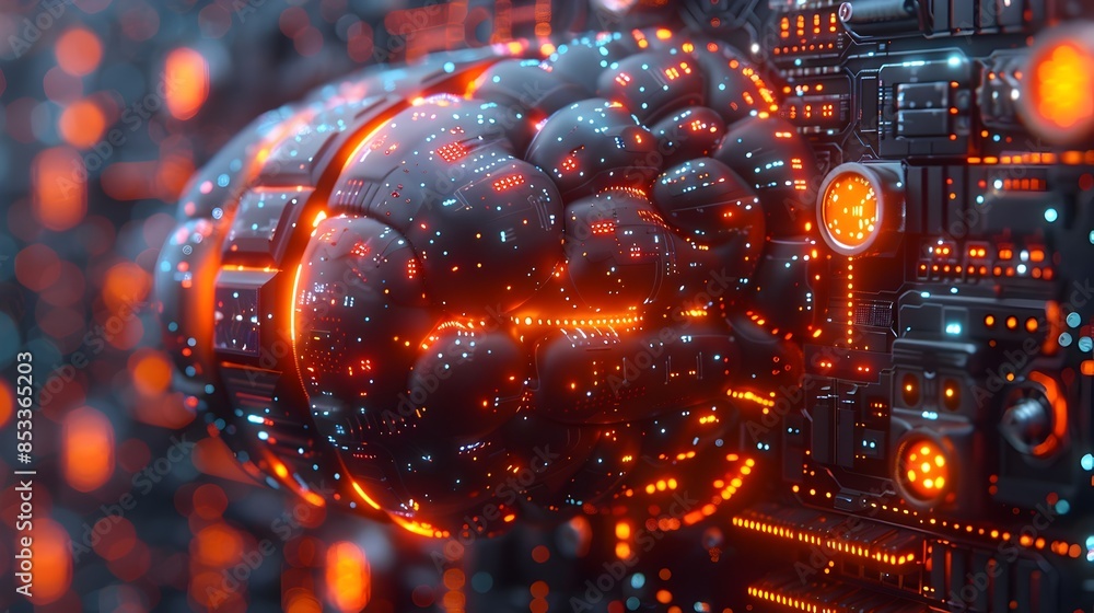 Poster angled side shot of an advanced neural network processing hub with luminous microchips and