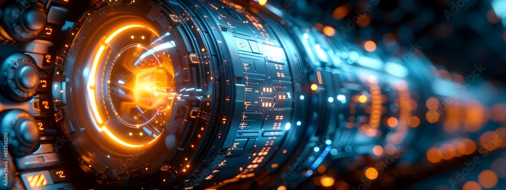 Aufkleber sleek metallic command module with pulsing energy rings and holographic interface