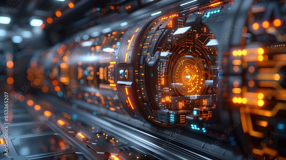 Poster futuristic 3d render of quantum core with mirrored levitating controls