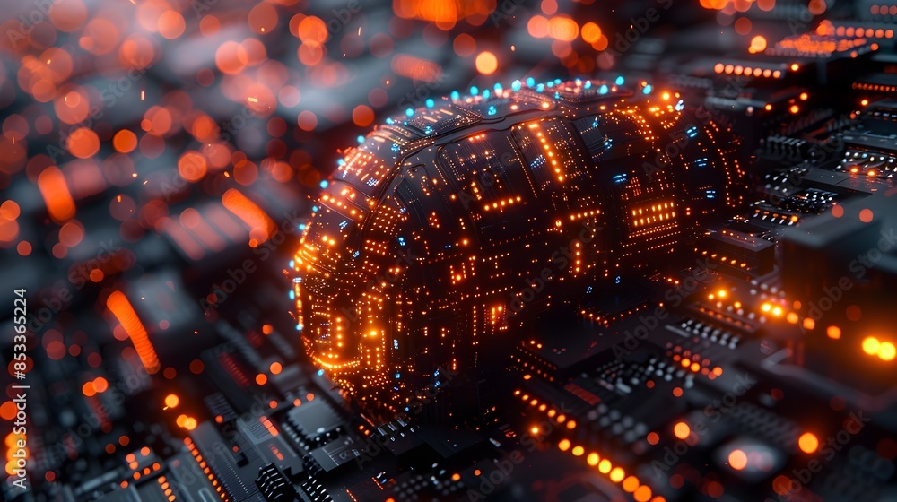 Poster angled side shot of an advanced neural network processing hub with luminous microchips and