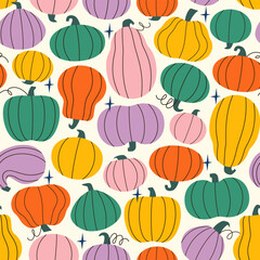 Vector pattern of various vivid colorful hand drawn pumpkins for Halloween, Thanksgiving, harvest, autumn season fabric, packaging, wrapping paper, wallpaper design