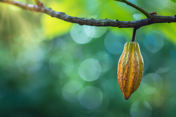 Single Cacao Cocoa Bean on Tree Branch, Chocolate