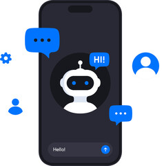 Chatbot service design concept. Automation customer support application. Virtual smart assistant technology in business. Artificial intelligence answering clients questions. Vector illustration