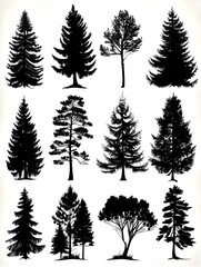 Obraz premium set of black silhouette pine tree forests on white background