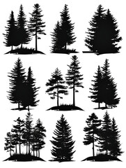 Obraz premium set of black silhouette pine tree forests on white background